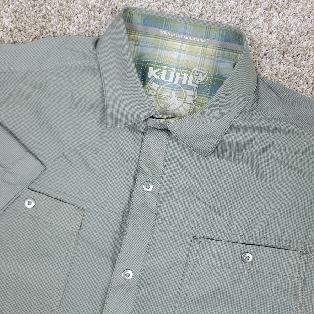 Kuhl Mens Large Gray Mini Check Snap Button Short Sleeve Workshirt